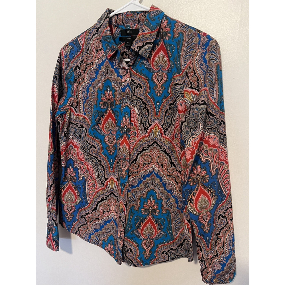J CREW Mediterranean Shirt Womens 8 Medium Blue Red Slim Fit Lightweight Button